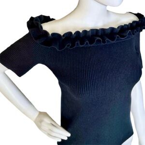 CLUB MONACO Navy Blue Off the Shoulder Short Sleeve Ribbed Knit Top M